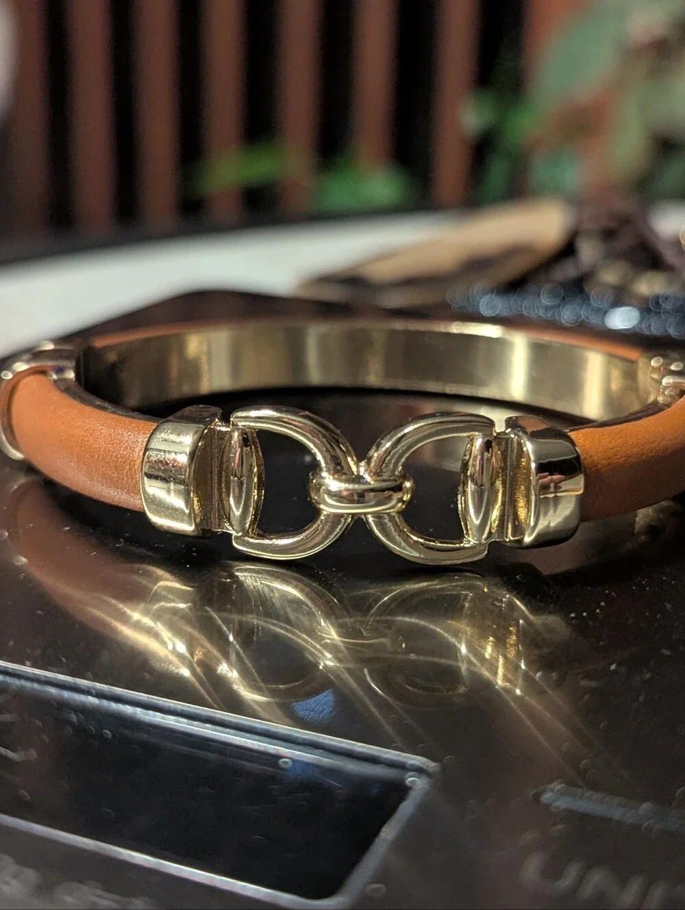 Vintage Heavy 63g Gold Leather Horsebit Cuff Bangle